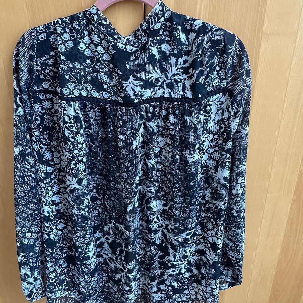 NYDJ Blue Boxy Blouse with Mandarin Collar